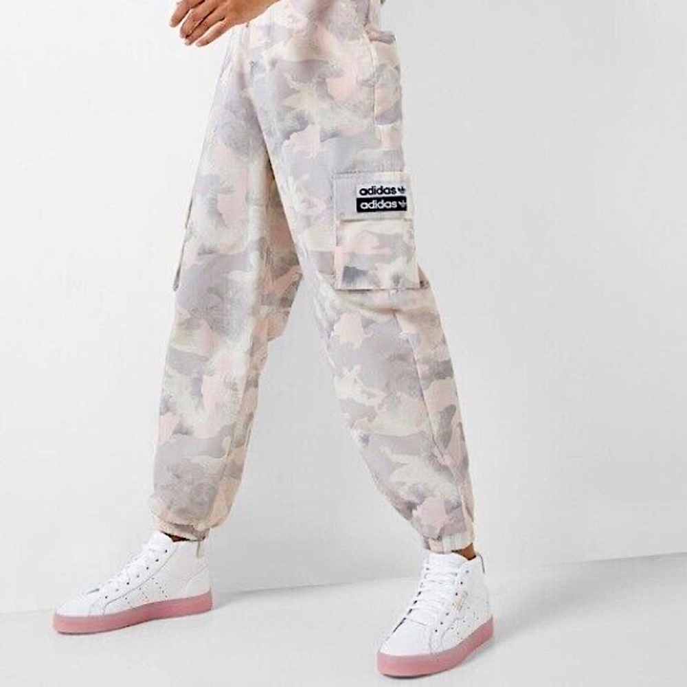 Discontinued Pink and Gray adidas camo track pants NWT.